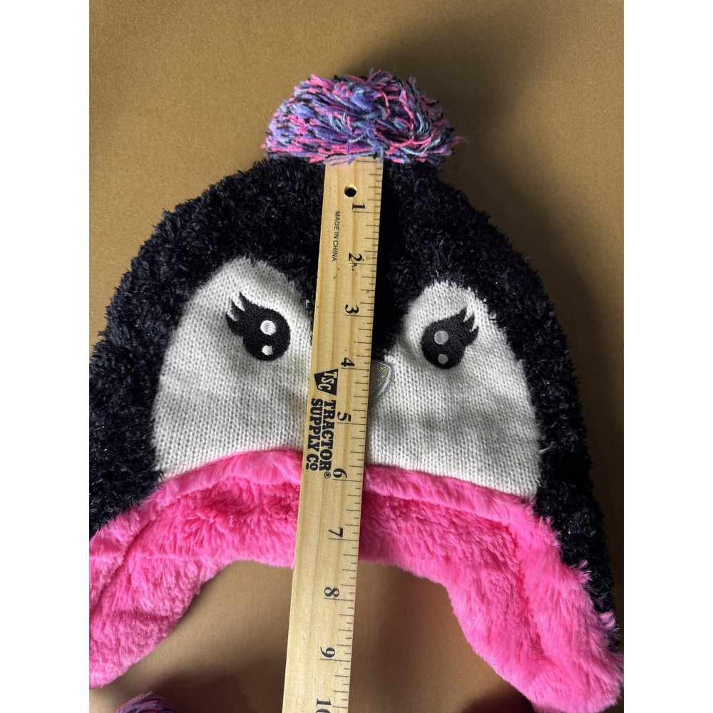Penguin Hat Beanie Earflap Youth S/M Black Pink Fuzzy Winter Pom Pom Capelli‎ - Picture 6 of 6